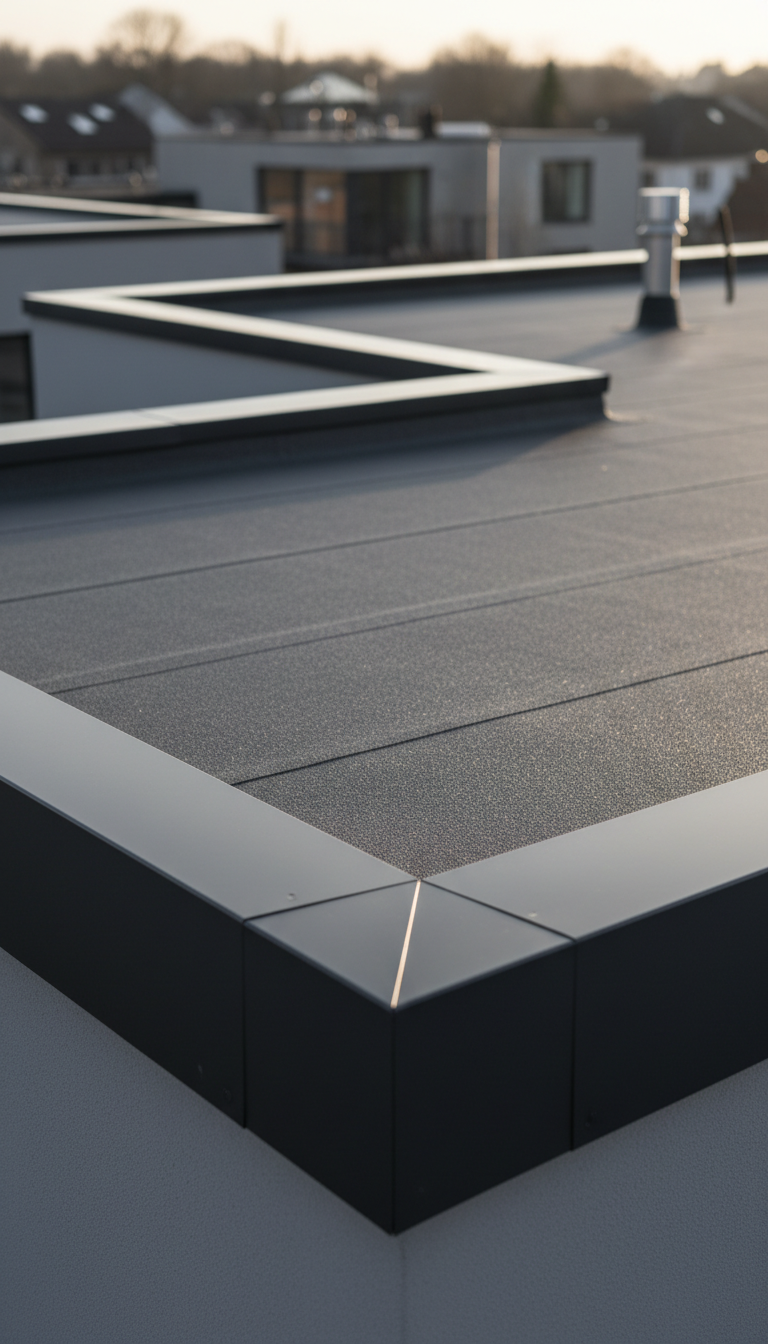 A close-up of a premium, seamless flat roof finished with smooth, charcoal-gray waterproof membrane. The subtle texture of the material is visible, with crisp, clean lines along the roof’s edge. The setting is a contemporary urban building surrounded by modern architectural elements, with neighboring roofs softly blurred in the background. Late afternoon sunlight washes over the surface, creating soft highlights and gentle shadows that enhance the tactile feel of the membrane. Shot from a slightly elevated, wide-angle perspective for a clean, modern look. The mood is professional and confident, suited for a leading roofing company, with an emphasis on craftsmanship and attention to detail.