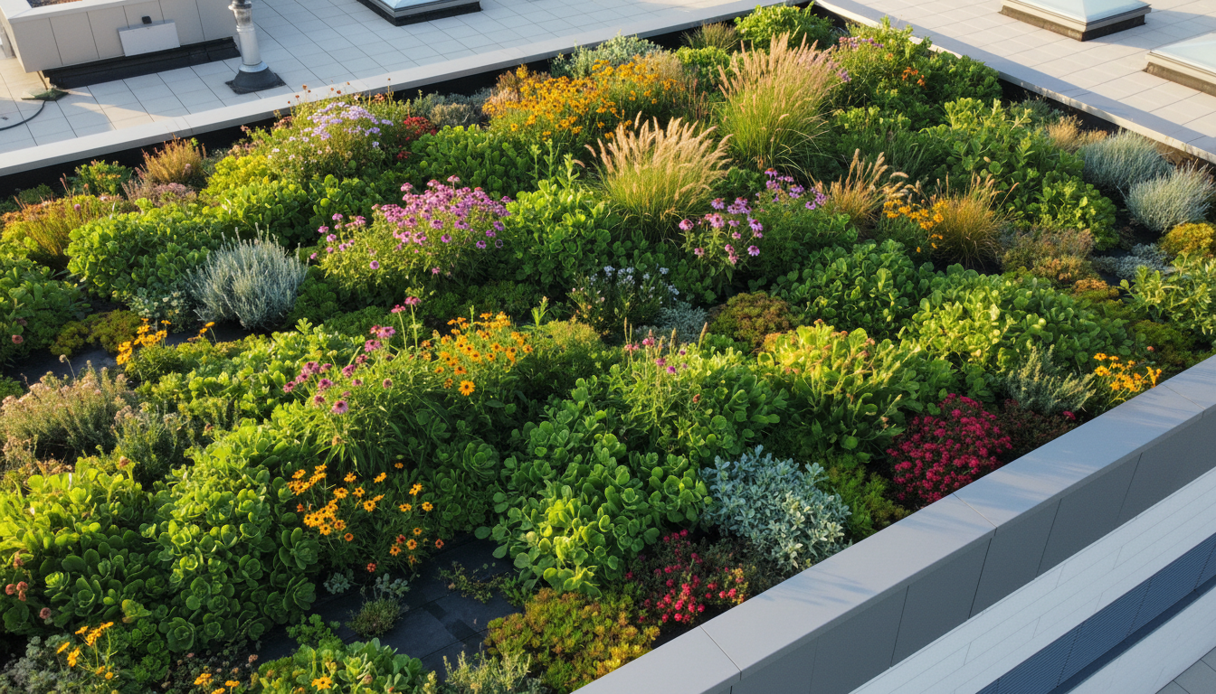 A vibrant and lush garden roof filled with a variety of hardy green sedum, flowering plants, and ornamental grasses spread across a professionally installed waterproofing system. The vegetated surface contrasts with the sleek lines of a contemporary rooftop, framed by low, galvanized steel edges. Morning sunlight casts a fresh, luminous glow over the foliage, enhancing the rich greens and subtle colors of the blossoms. Viewed from above with a bird’s-eye composition to showcase the diversity of plant textures and the layout. The atmosphere is eco-friendly and inviting, reflecting innovative green building practices.